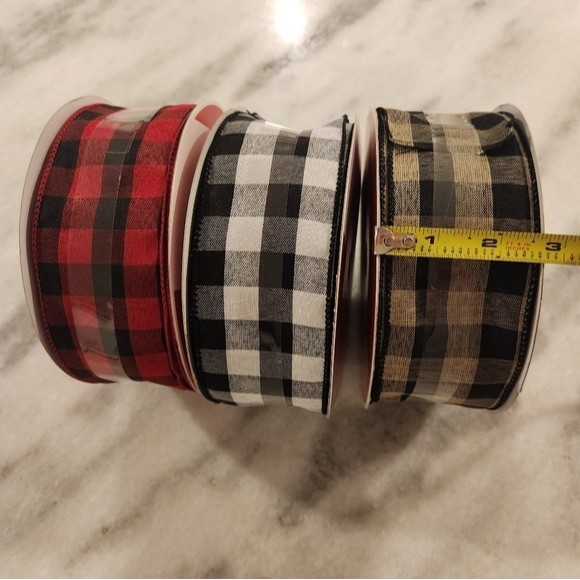 Buffalo Plaid Jumbo Wired Ribbon Bundle of 3 -Red, White, Tan And Black - Picture 4 of 4